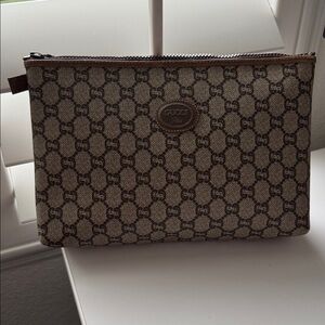 Vintage Gucci Plus Coated Canvas and Leather Monogram Pouch